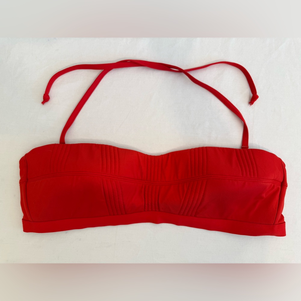 Athleta Bandeau Halter Bikini Top Red Topstitched Size XL Lightly Padded